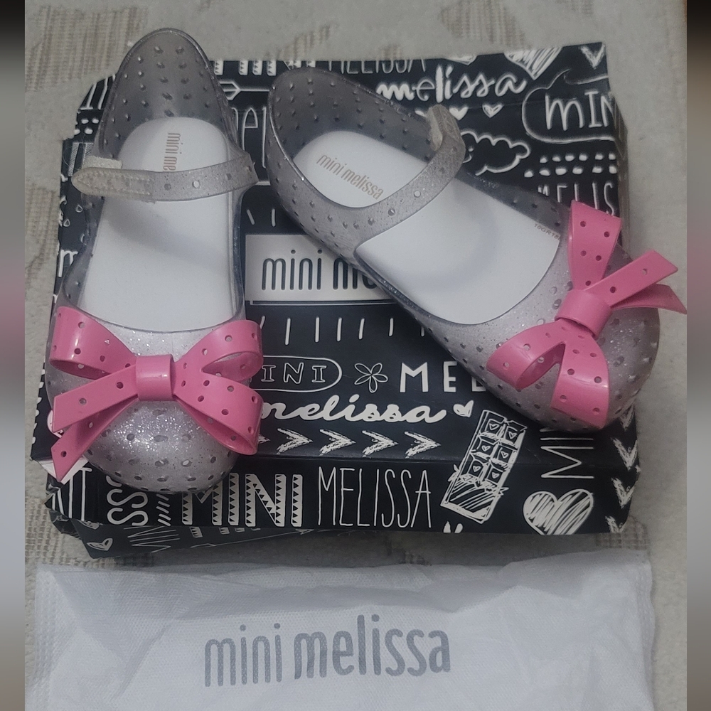 Mini Melissa Furadinha Clear Glitter Pink Bow Sz 11